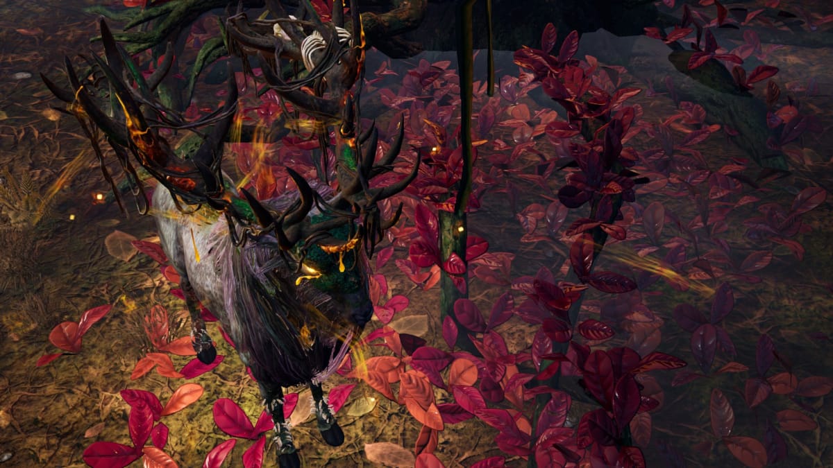 Gord screenshot showing an undead looking reindeer standing amongst a lot of orange and red plants