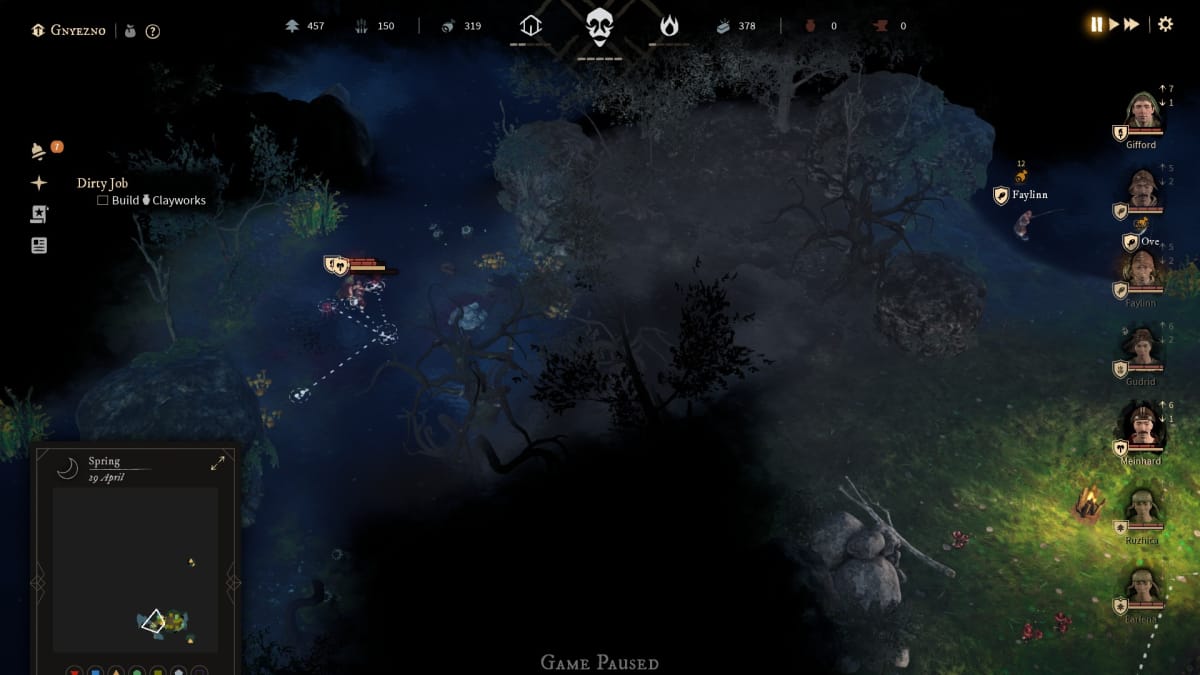Gord screenshot showing several people fighting off spiders while other people fish at a lake