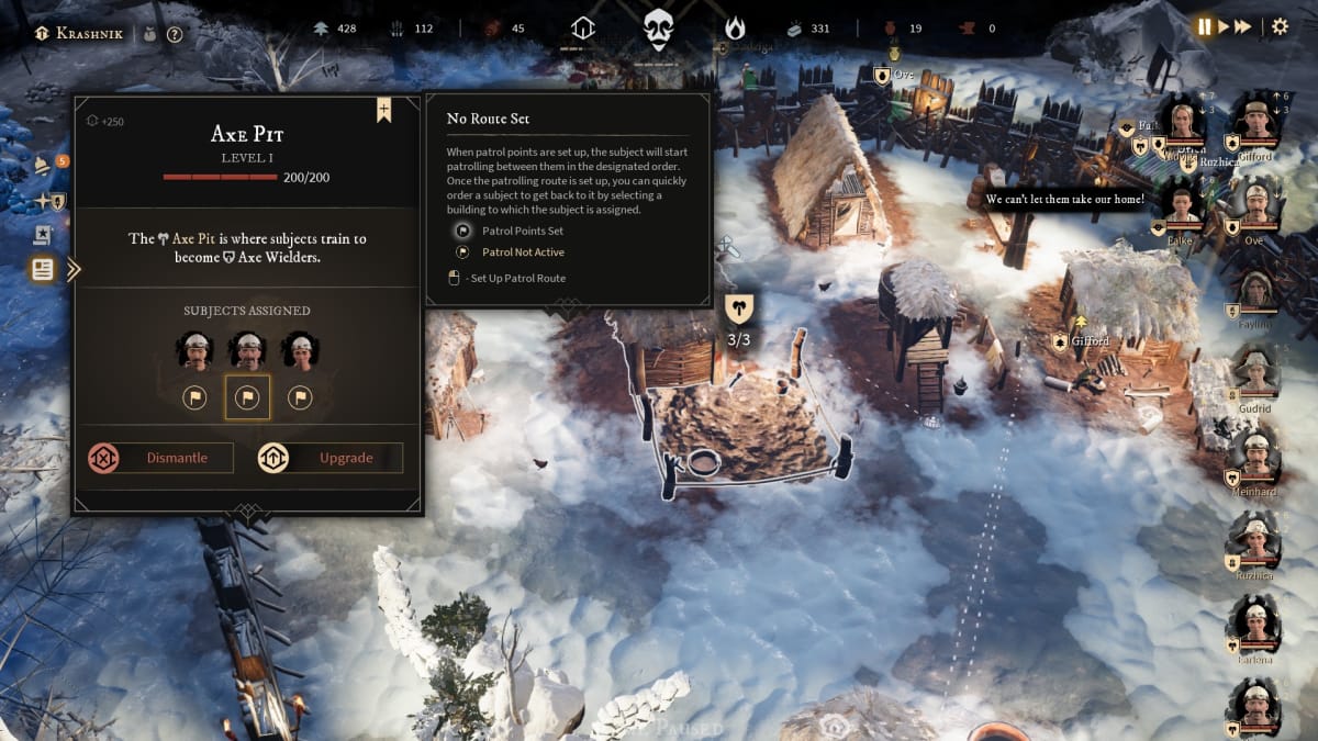 Gord screenshot showing the Axe Pit information panel with the patrol options set nearby