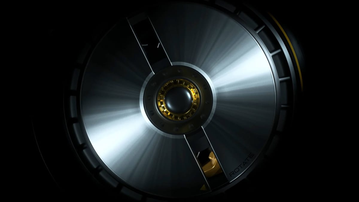 A circular object with the word "ROTATE" written on it intended to represent the Gran Turismo x Bulgari collaboration