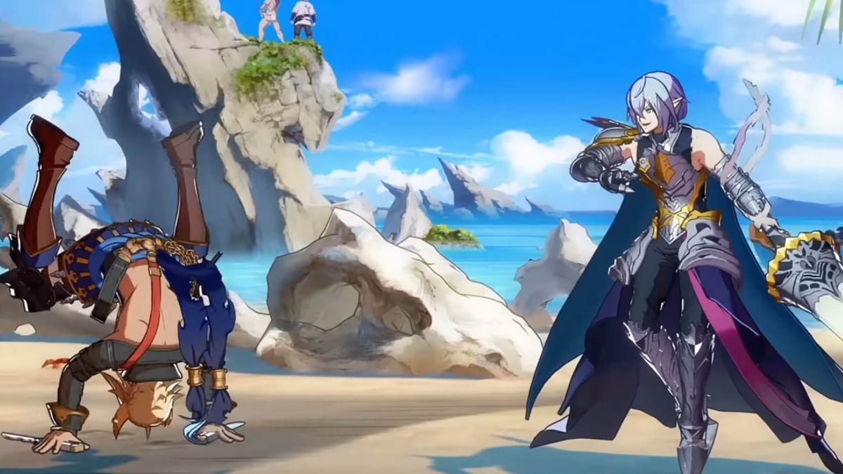 Grimnir fighting Lowain, who is in the midst of a gymnastic maneuver, in Granblue Fantasy Versus: Rising
