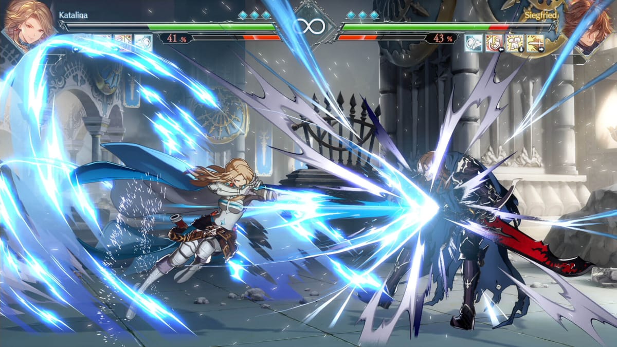 Katalina delivering a devastating blow to Siegfried in a bout of Granblue Fantasy Versus: Rising