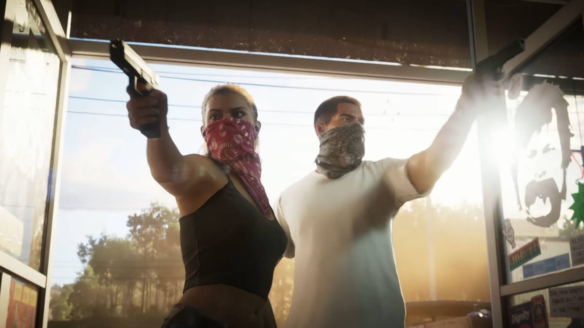 The two main characters of Grand Theft Auto 6 pulling off a shop heist