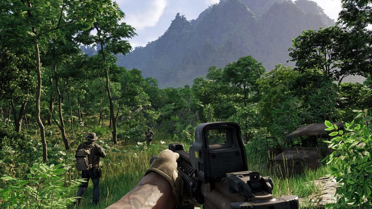The player holding their gun while looking at a massive forest in Gray Zone Warfare