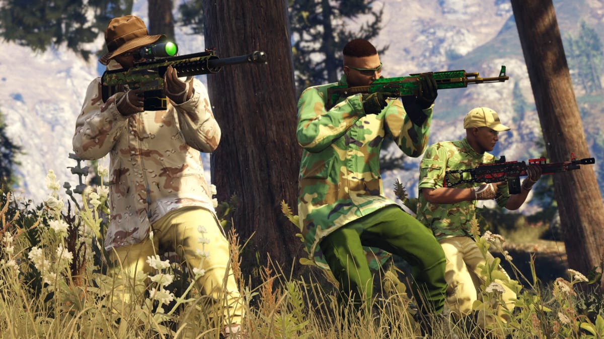 Three characters dressed in camo and aiming weapons in the forest in GTA Online, the online component of GTA 5, which is seventh in this week's UK boxed sales charts
