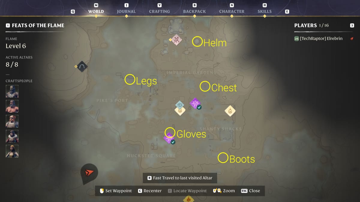 Map with the locations of all 5 pieces of Guard of the North Armor in Enshrouded