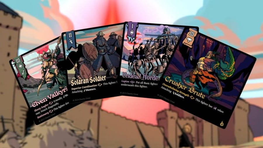 A screenshot of several cards from the tactical card game Gudnak