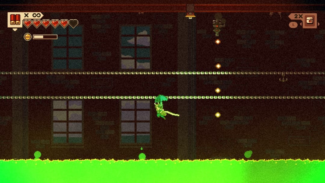 Murray riding a metal hook across a glowing pool of acid from the game Gunbrella