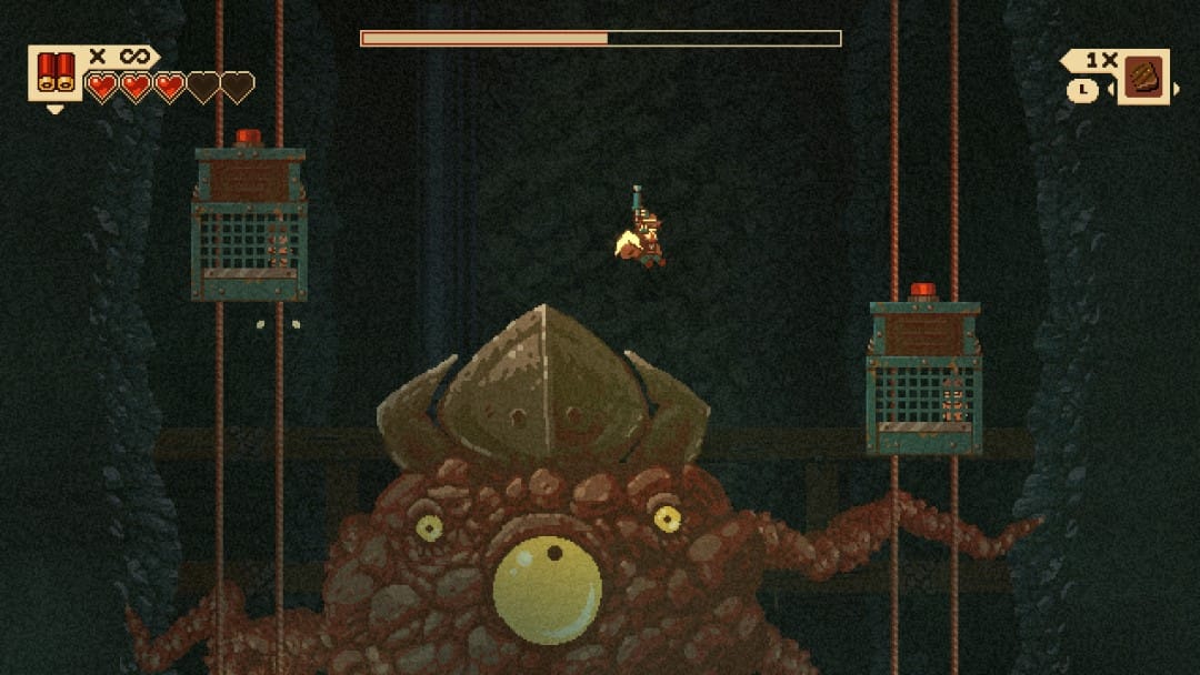 Murray leaping between two elevators in a mineshaft, a gigantic monster with a glowing eye can be seen below. The image is from the game Gunbrella