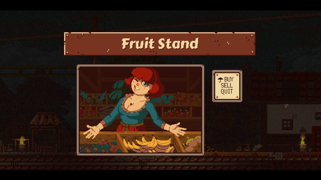 A portrait of a redheaded woman with a smile attending a fruit stand from the game Gunbrella