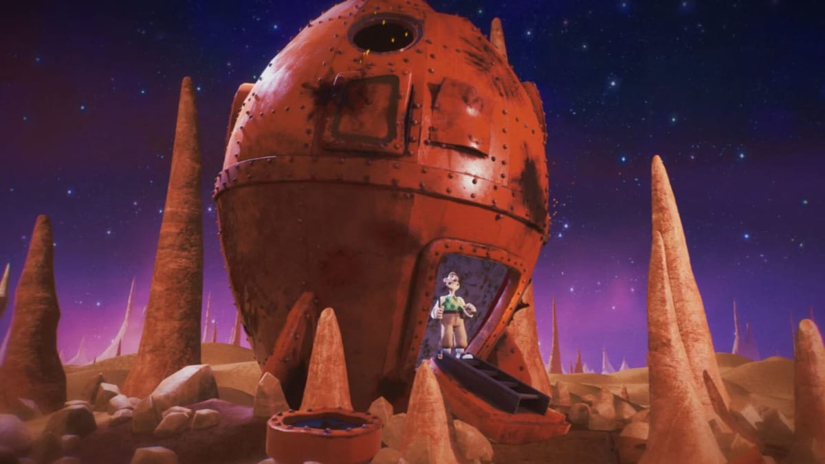 Wallace standing outside a spaceship in Wallace and Gromit in The Grand Getaway, a game made by Atlas V