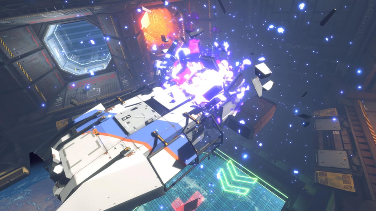 A ship being blown apart in the yard in Blackbird Interactive's Hardspace: Shipbreaker