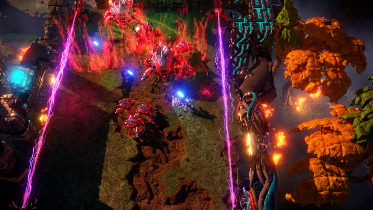 A player battling enemies in an arena surrounded by lightning in Nex Machina, a Housemarque game directed by Harry Krueger