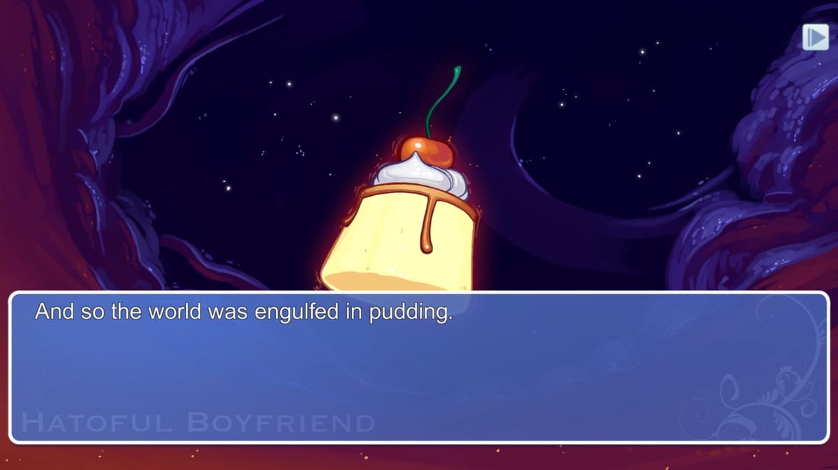 A picture of some pudding with the caption "and so the world was engulfed in pudding" in Hatoful Boyfriend
