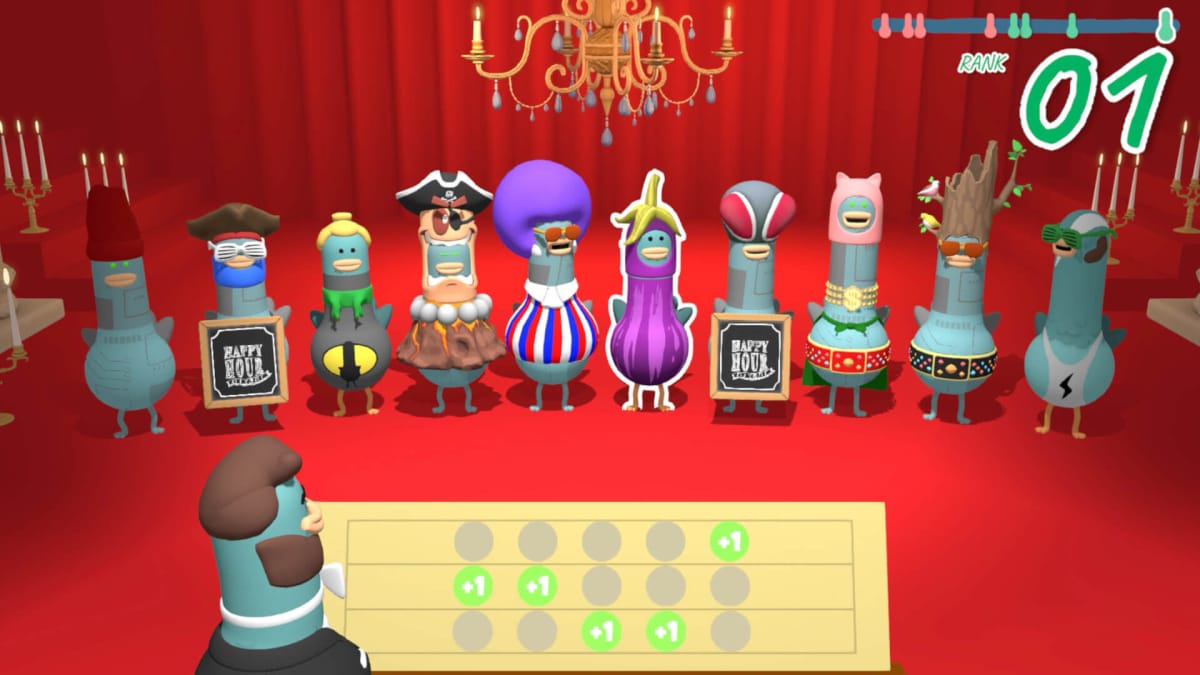 Cute and quirky characters lined up in a variety of costumes while a maestro looks on in Headbangers: Rhythm Royale, one of the Xbox Game Pass November Wave 1 games