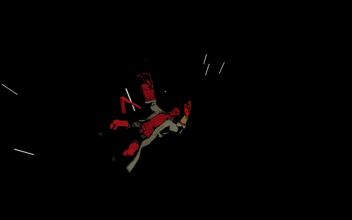 Hellboy Web of Wyrd screenshot showing Hellboy falling through a seemingly endless void