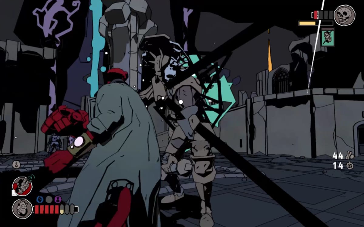 Hellboy Web of Wyrd screenshot showing hellboy in combat with a strange rock-based skeletal enemy 