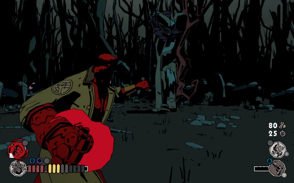 Hellboy Web of Wyrd screenshot showing Hellboy squaring off against the thin air while seeming in inhabit a maze of dead trees