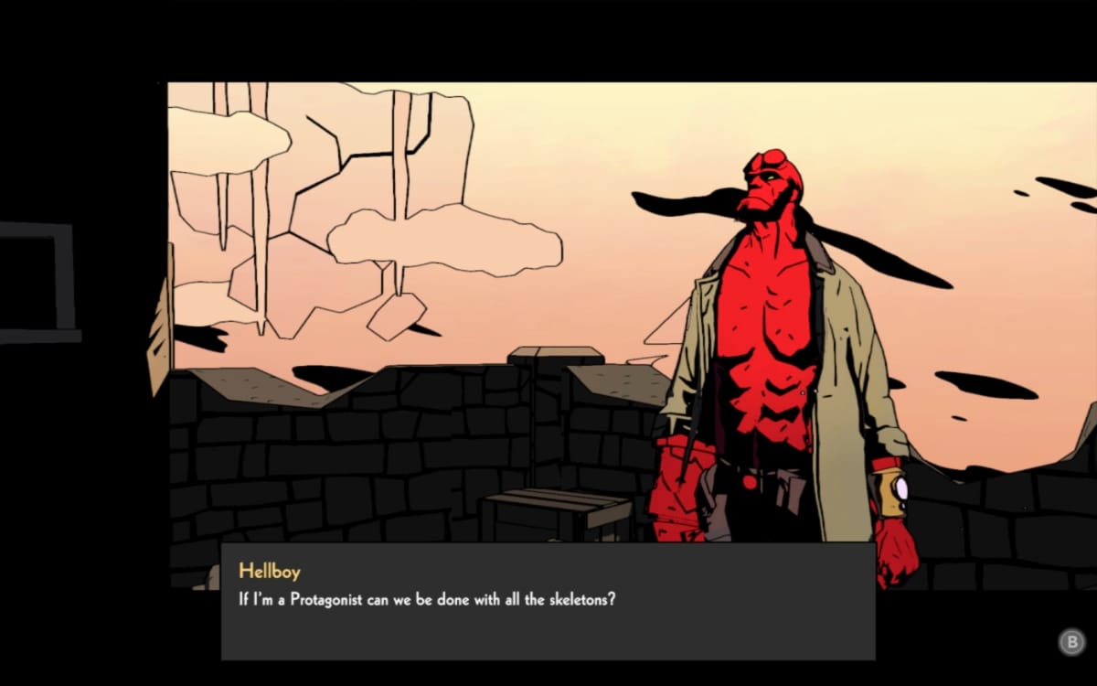 Hellboy Web of Wyrd screenshot showing hellboy standing against a comic style background looking off screen with a dialogue box at the bottom
