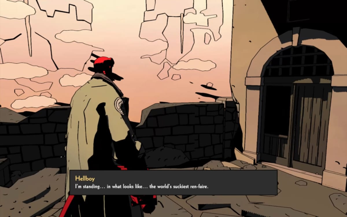 Hellboy Web of Wyrd screenshot showing hellboy staring into a beige void while he rips its apart with one liners