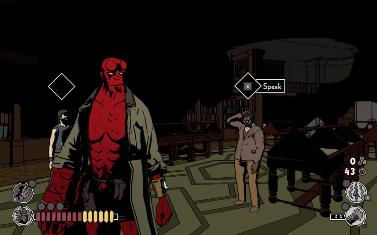 Hellboy Web of Wyrd screenshot showing the red-skinned Hellboy standing to the left of the screen with a display room and two historians behind him