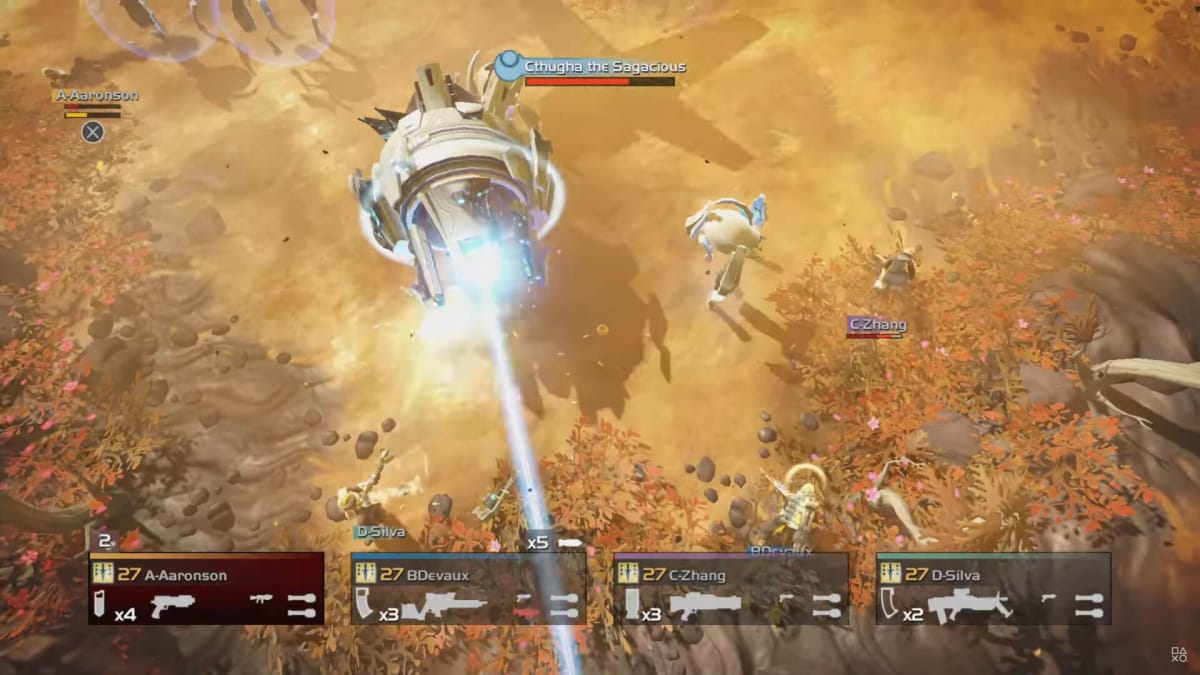 Players doing battle with an Illuminate boss in the first Helldivers
