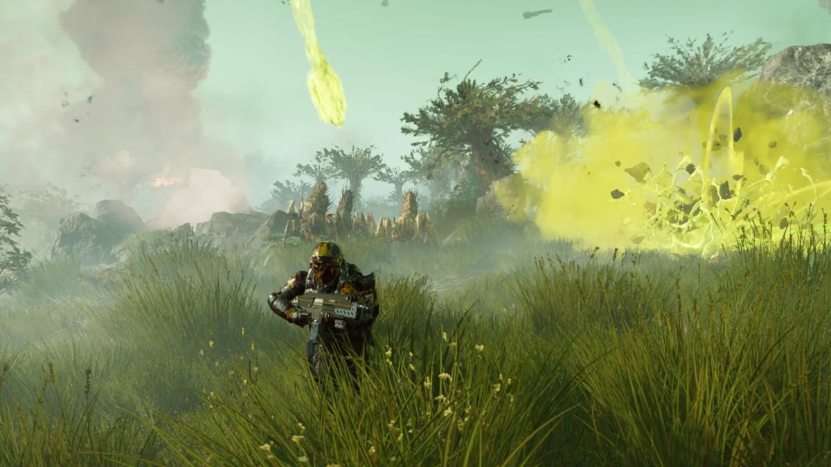 The player running from insect attacks in Helldivers 2