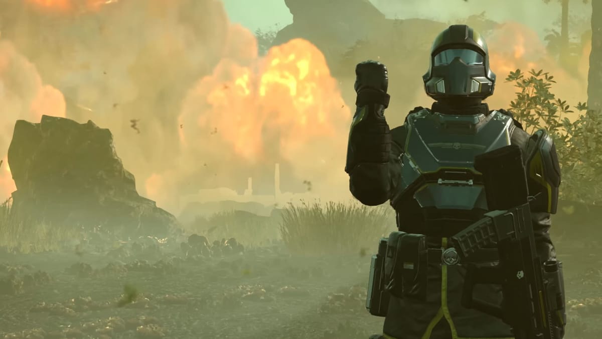 A Helldiver saluting with an explosion in the background in Helldivers 2, the best-selling premium game in February 2024 according to Circana