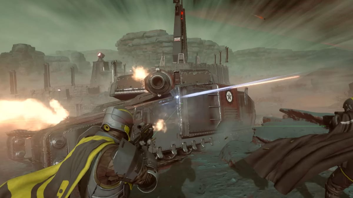Players shooting at an Automaton tank in Helldivers 2