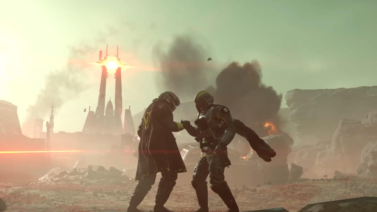 Two Helldivers bumping their heads against one another in Helldivers 2