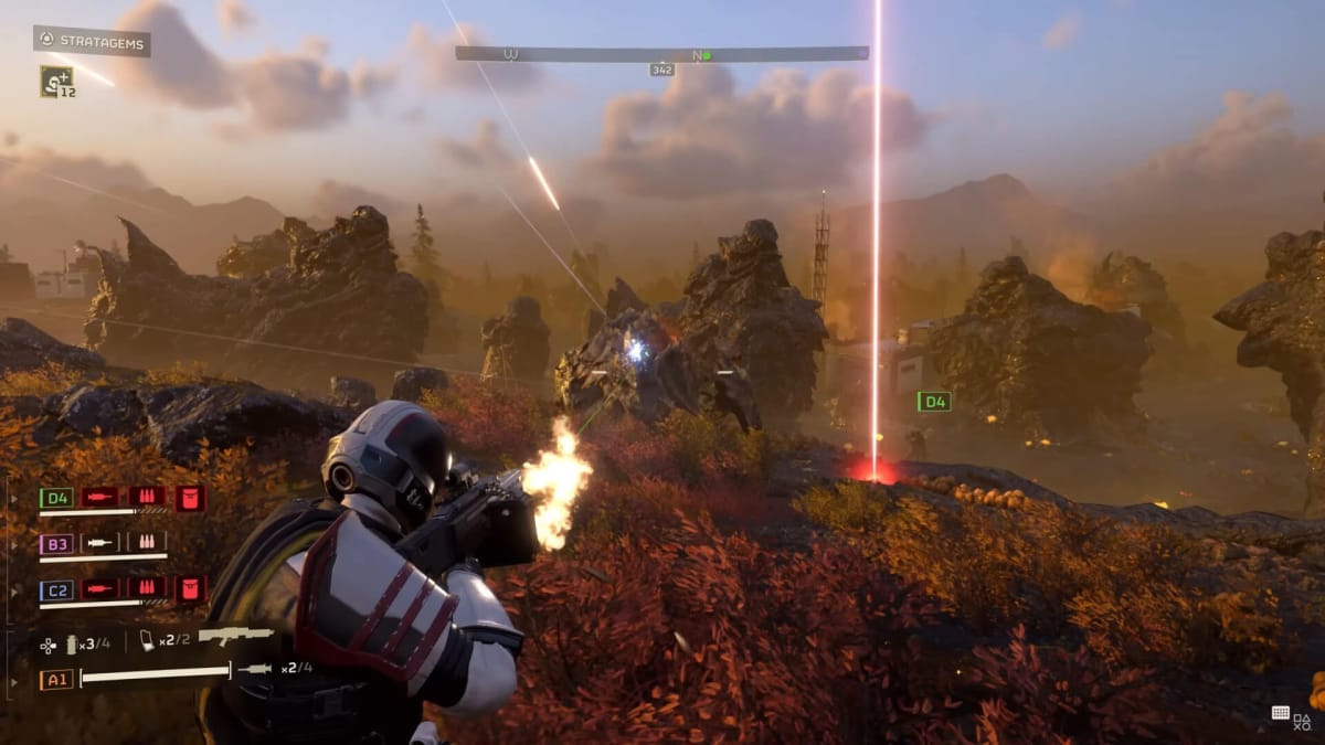 The player shooting at a Charger in Helldivers 2