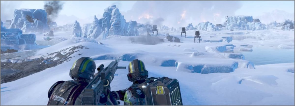 Two Helldivers team-firing an Autocannon at Scout Striders on an icy planet in Helldivers 2