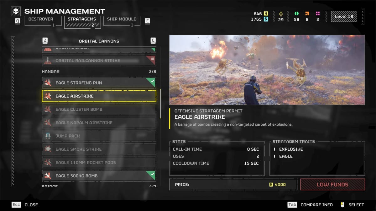 The Eagle Airstrike highlighted on the Stratagems purchase interface in Helldivers 2
