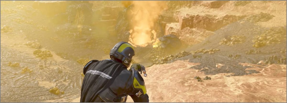 The Grenade Launcher being aimed at a Terminid Bug Hole in Helldivers 2