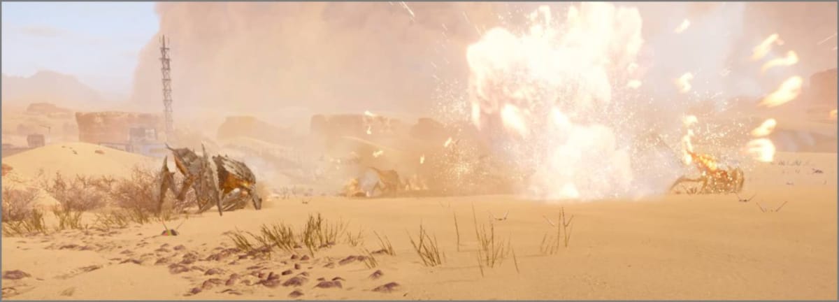 Incendiary Mines exploding and burning Terminid bugs on a sandy planet in Helldivers 2