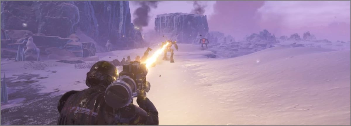 The Laser Cannon being fired at an approaching Automaton in Helldivers 2