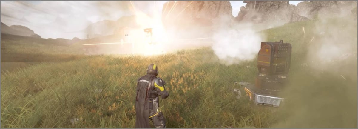 A deployed Rocket Sentry firing a rocket at an approaching Automaton Scout Strider in Helldivers 2