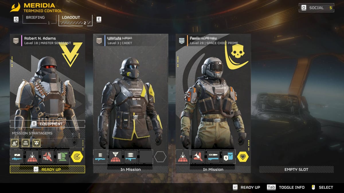 The mission preperation screen in Helldivers 2 showing Robert N. Adams and two unknown players launching to Meridia for a Terminid Control mission