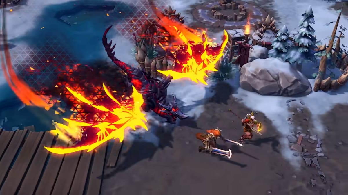 Deathwing swooping down on two characters in Heroes of the Storm