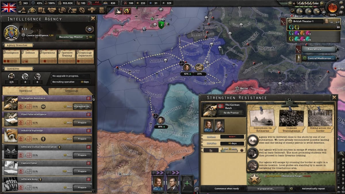 A screenshot of the intelligence screen in Hearts of Iron IV