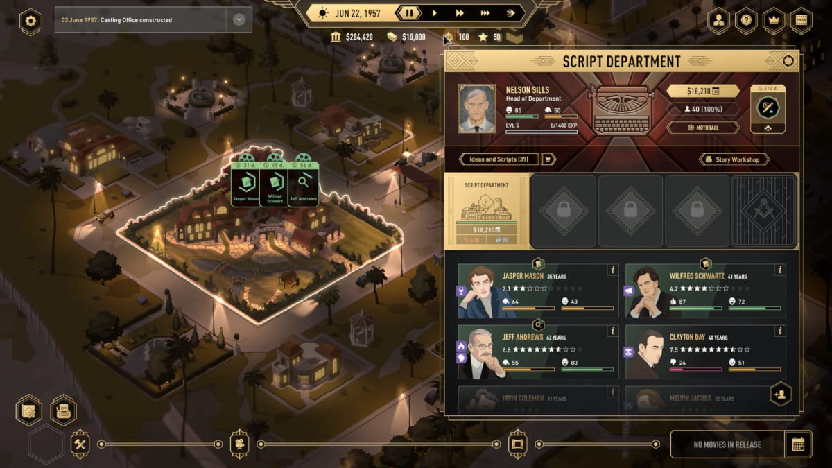 A Hollywood Animal gameplay screen showing a script department menu, a view of the player's studio lot, and various UI elements
