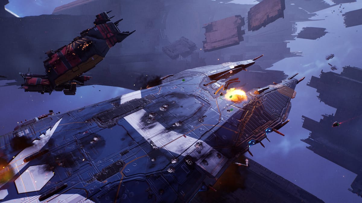A ship being attacked in a debris field in Homeworld 3 by Blackbird Interactive