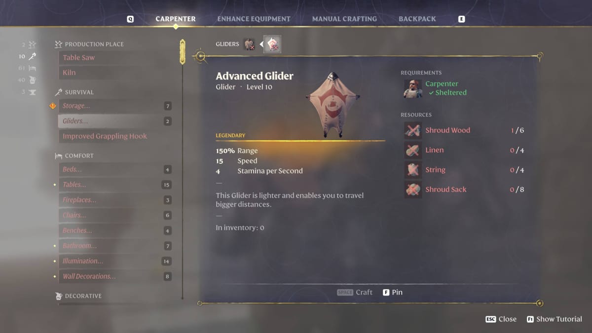 How to Get a Glider in Enshrouded - Advanced Glider Crafting Recipe at the Carpenter NPC