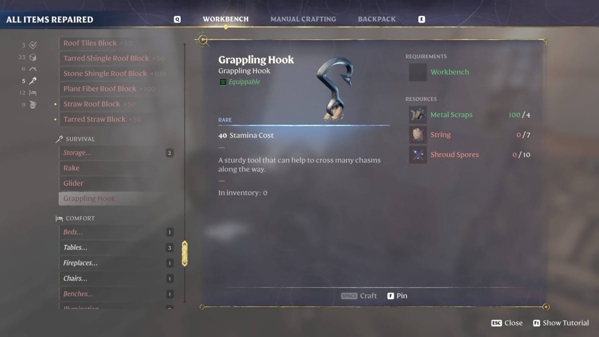 How to Get a Grappling Hook in Enshrouded - Grappling Hook Recipe at Workbench