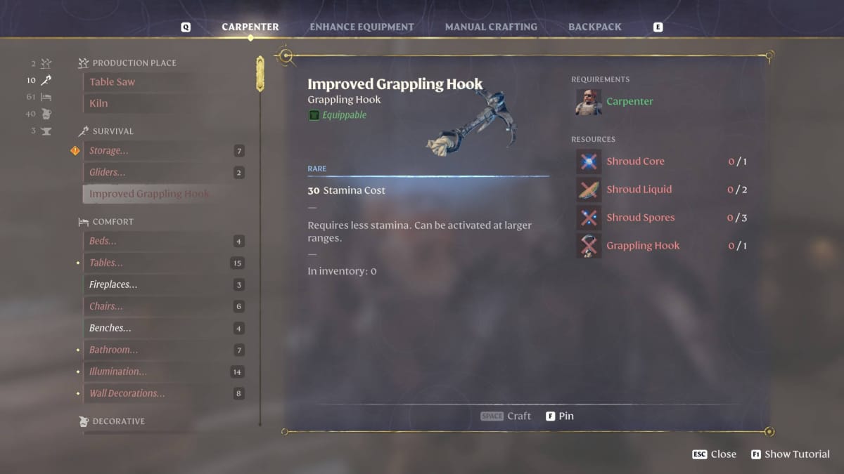 How to Get a Grappling Hook in Enshrouded - Improved Grappling Hook Crafting Recipe at Carpenter NPC