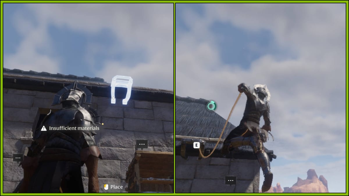 How to Get a Grappling Hook in Enshrouded - Placing a Grappling Hook Pull Anchor on the Roof of a Building