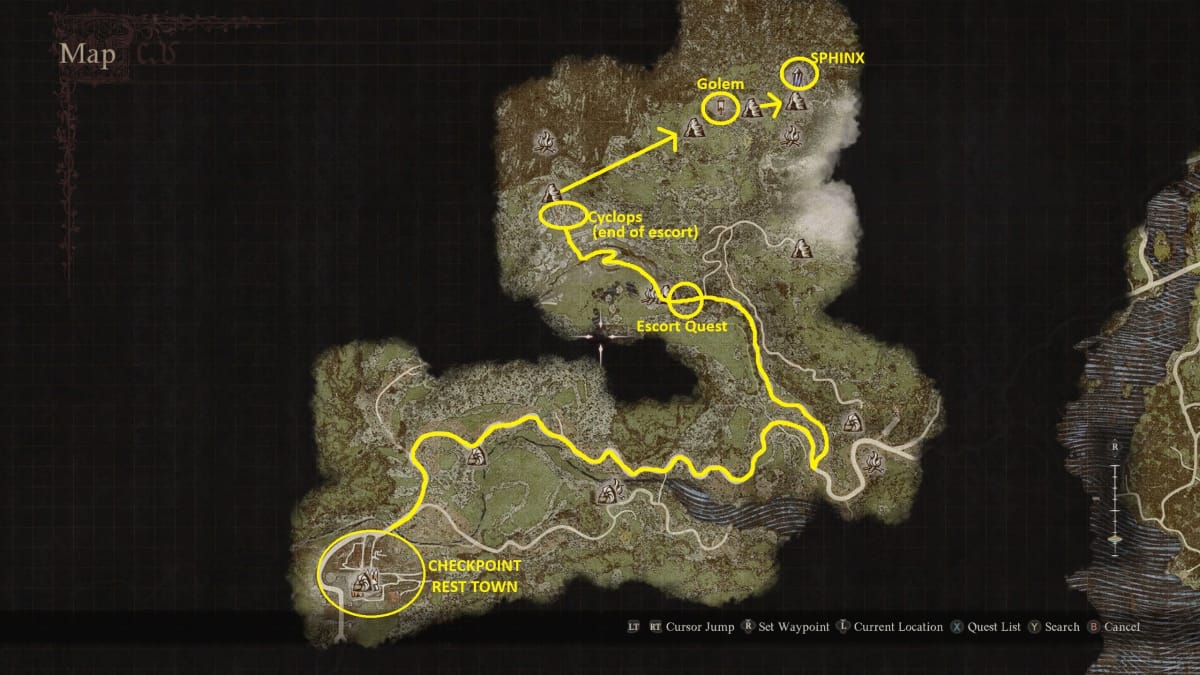 Dragon's Dogma 2 Map, Leading to the Sphinx From the Checkpoint Rest Town