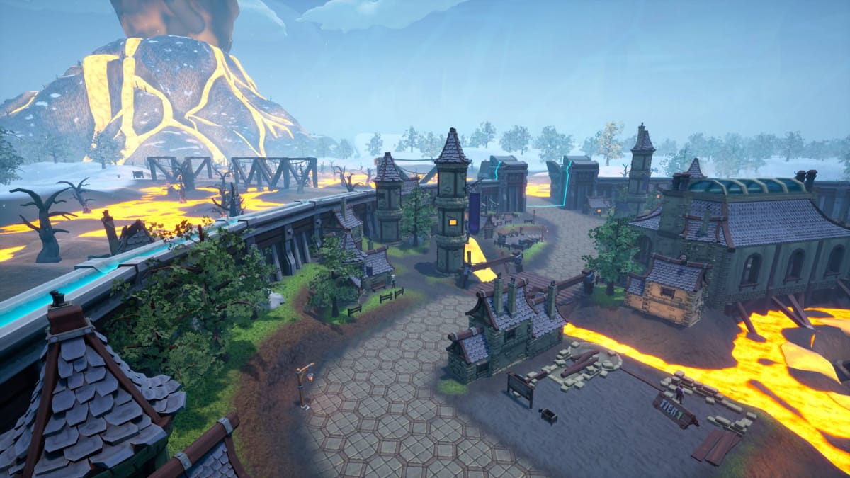 The volcano in Volcalidus viewed from inside of the Town of New Glade in Hydroneer