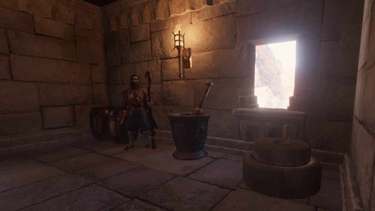 Alchemist NPC Standing Next to Barrels and a Mortar and Pestle with a Grinding Stone to the Right in Enshrouded