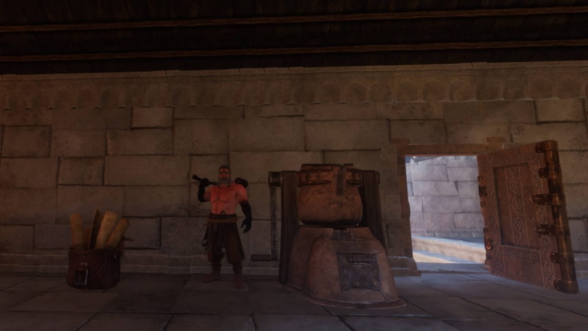 Blacksmith NPC Standing Next to a Smelter with an Open Door and Firewood Bucket Nearby in Enshrouded